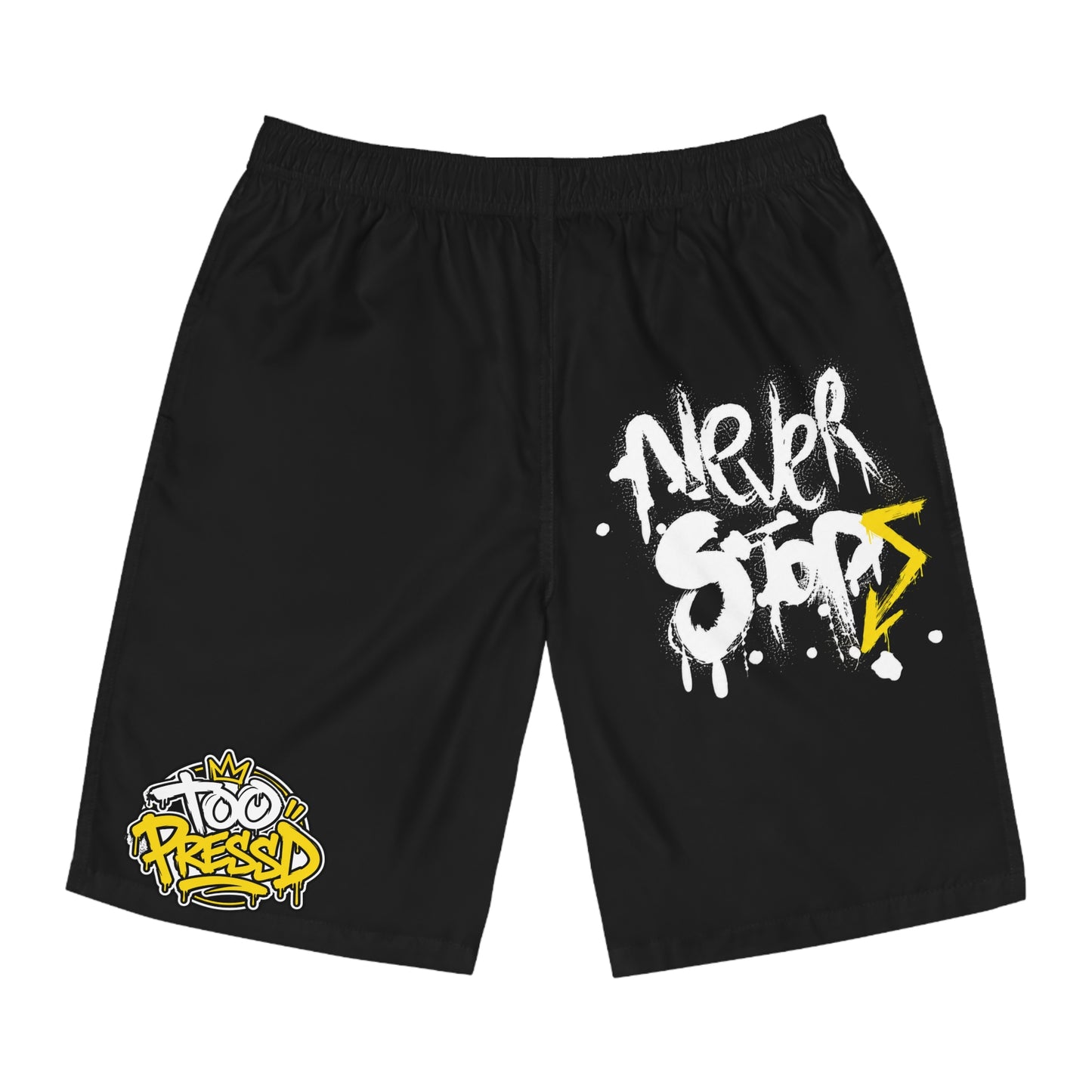 Never Stop' Men's Board Shorts — Black Streetwear Swim Trunks