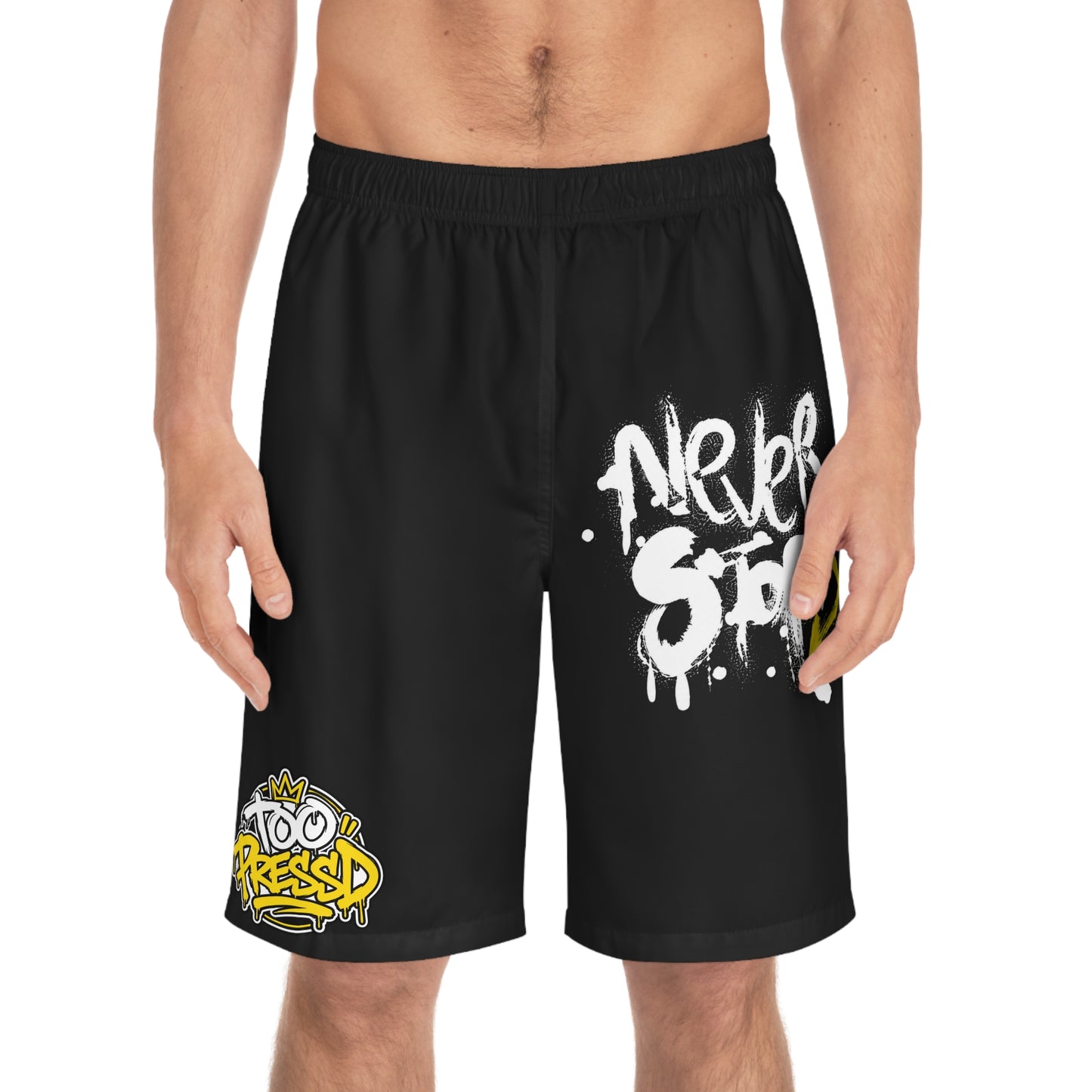 Never Stop' Men's Board Shorts — Black Streetwear Swim Trunks